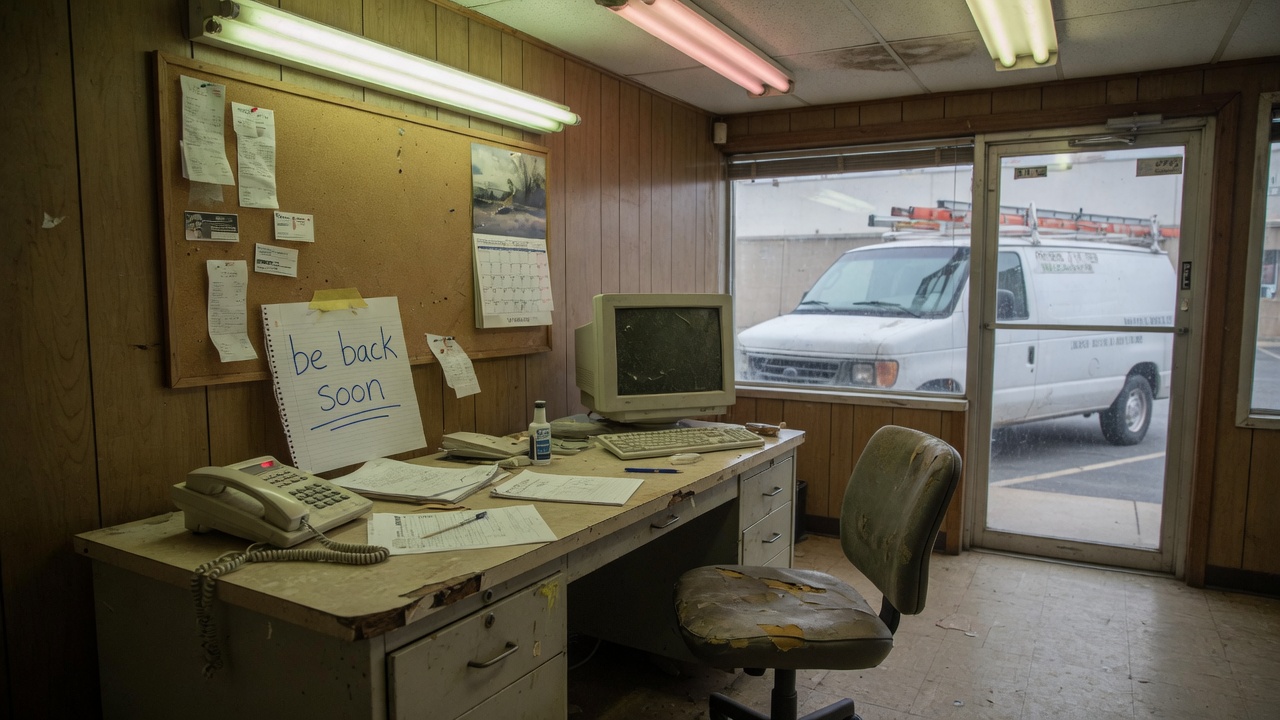 An empty shop front desk with a “be back soon” sign and a work van outside.
