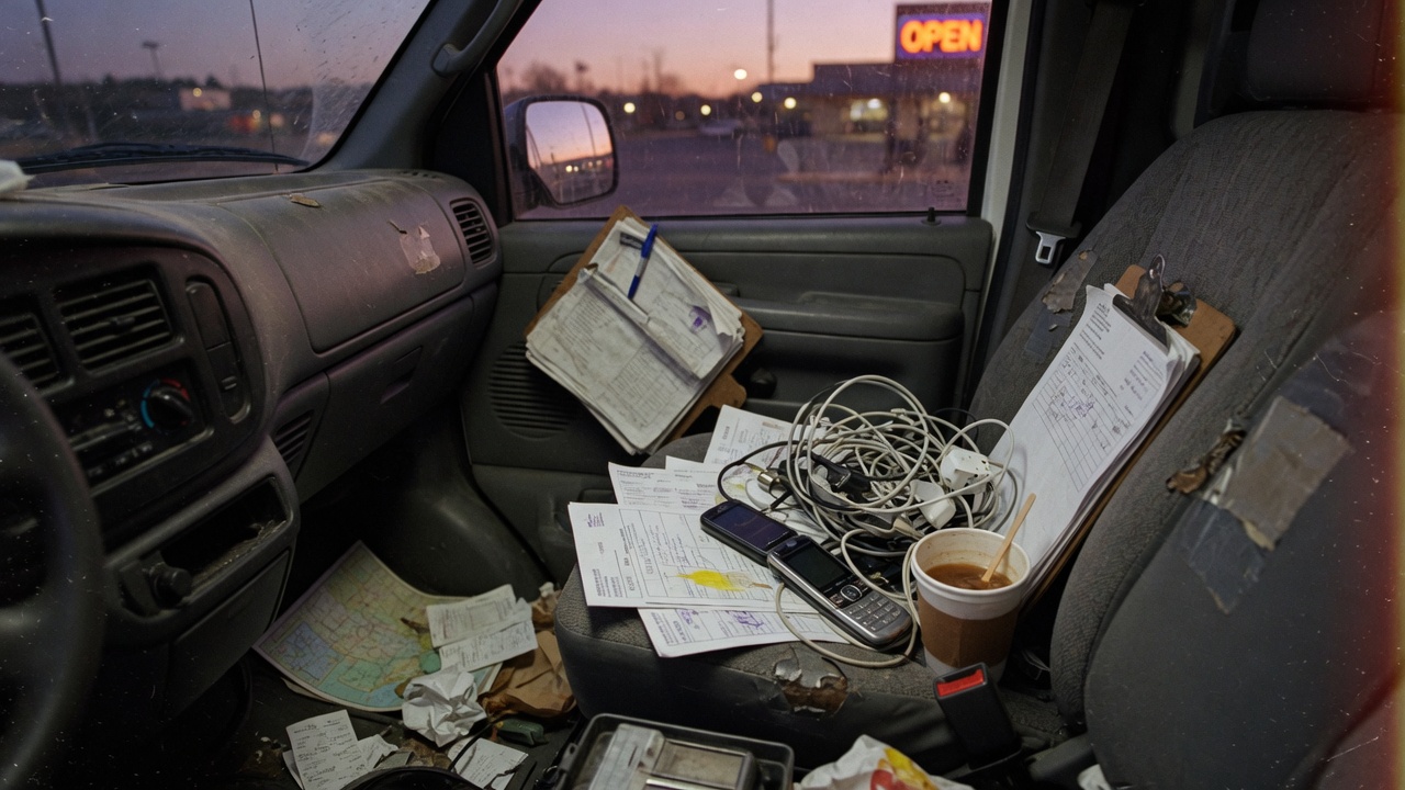 A cluttered work-van passenger seat with two phones, cables, clipboards, and coffee at dusk.