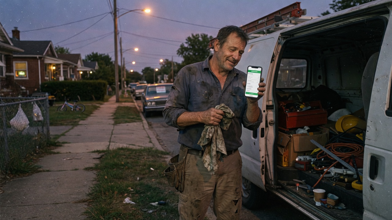 A tradesman wiping his hands and reading a job ticket text beside an open van at dusk.