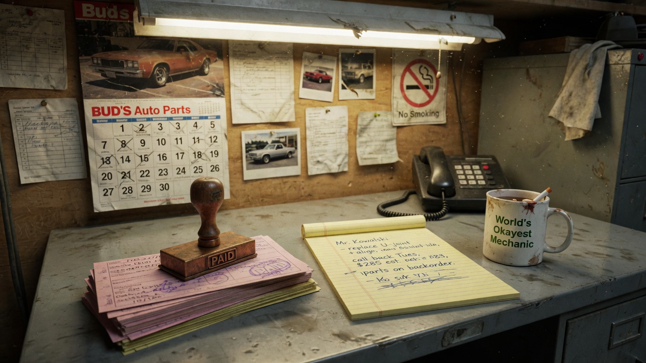 An after-hours shop desk with stacked tickets, a rubber stamp, a wall phone, and a handwritten job pad.