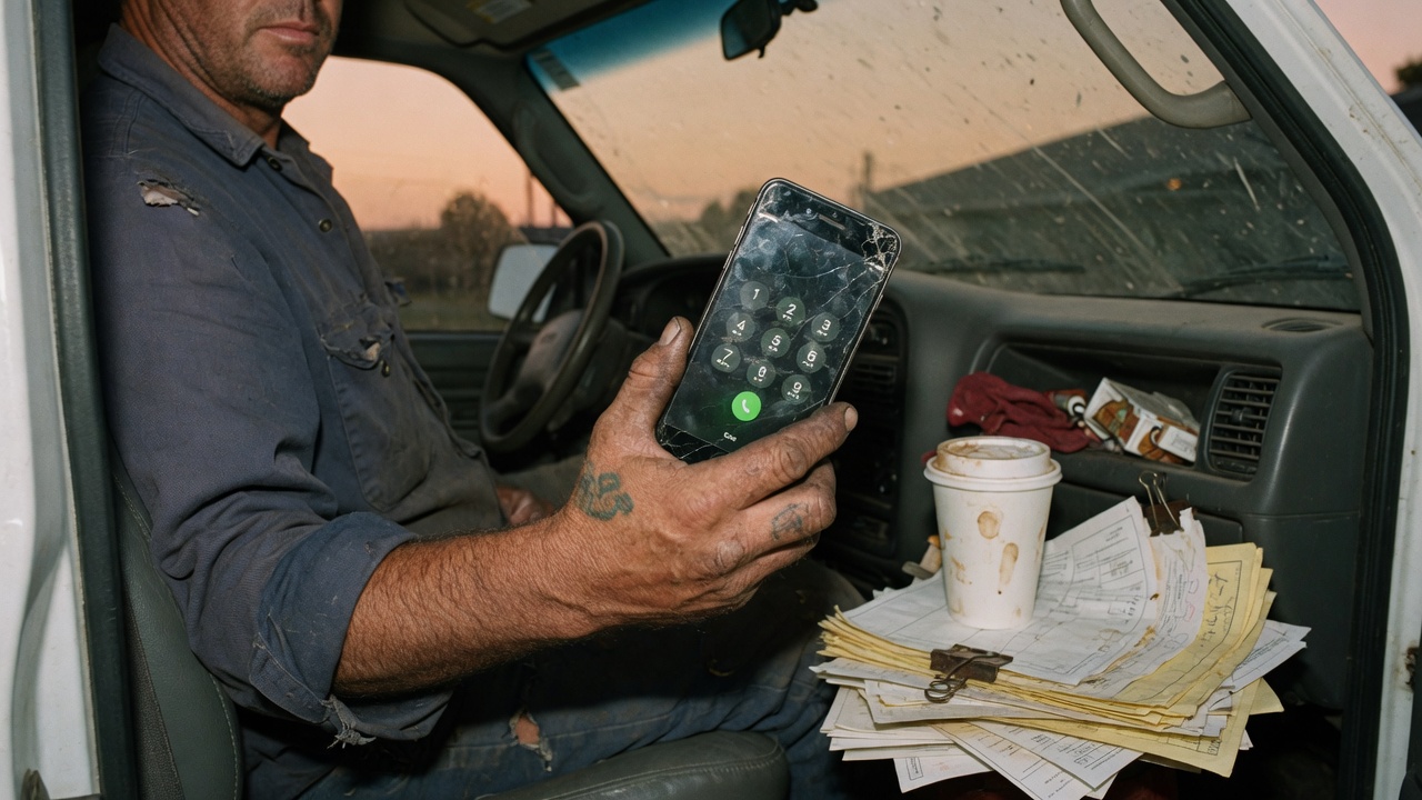 A tradesman in a work van holding a cracked phone, ready to dial a star code at dusk.