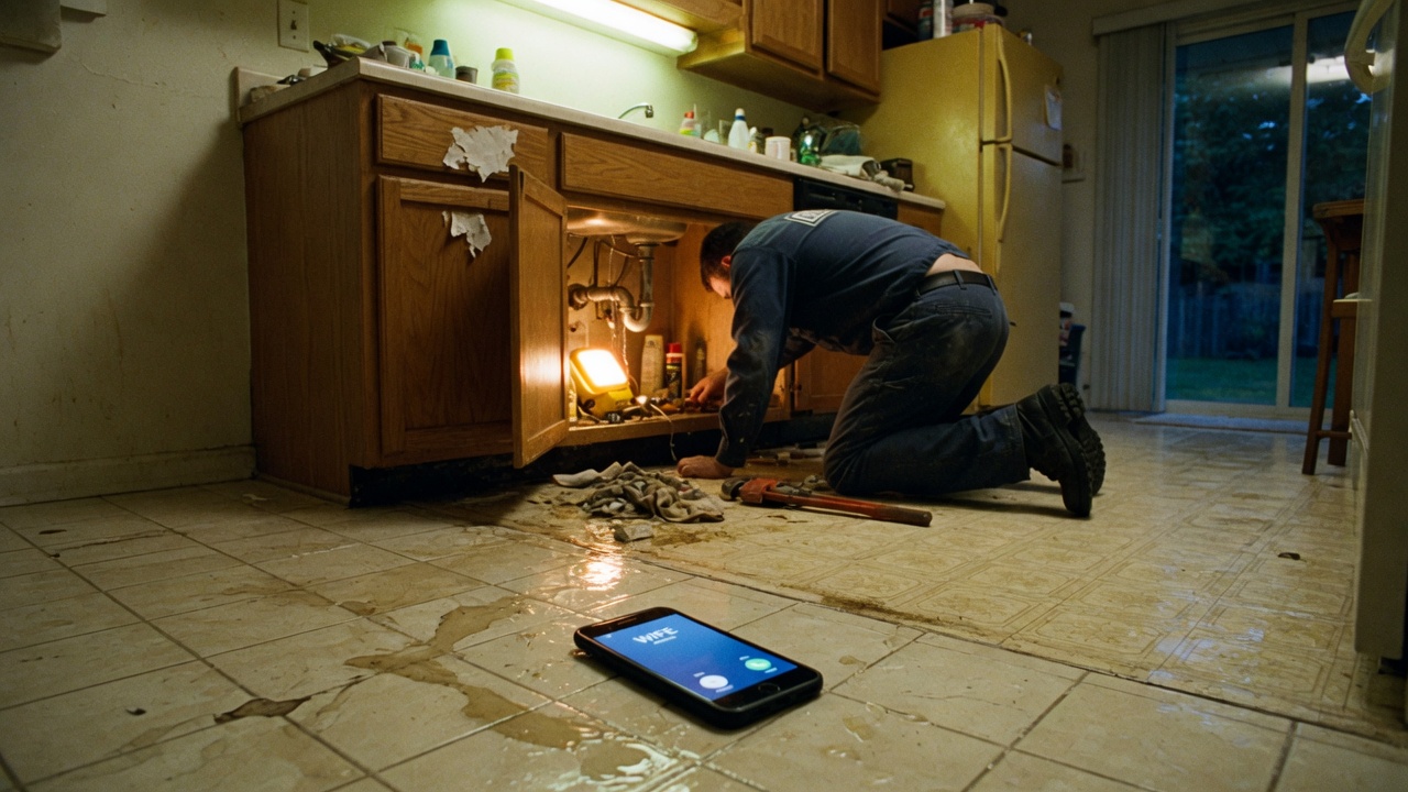 A plumber under a kitchen sink while a phone rings on the wet tile behind him.