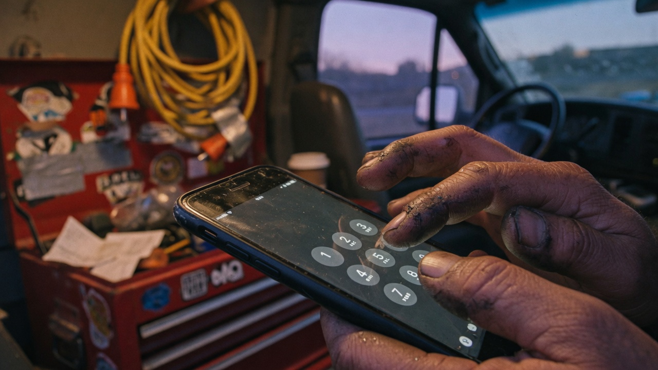 Greasy hands dialing a star code on a phone inside a work van at twilight.