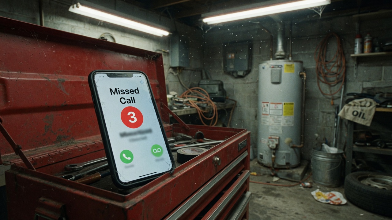 A phone on a red toolbox in a basement showing three missed calls next to a water heater.