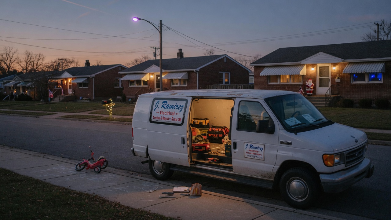 A one-van shop parked on a quiet street at dusk.